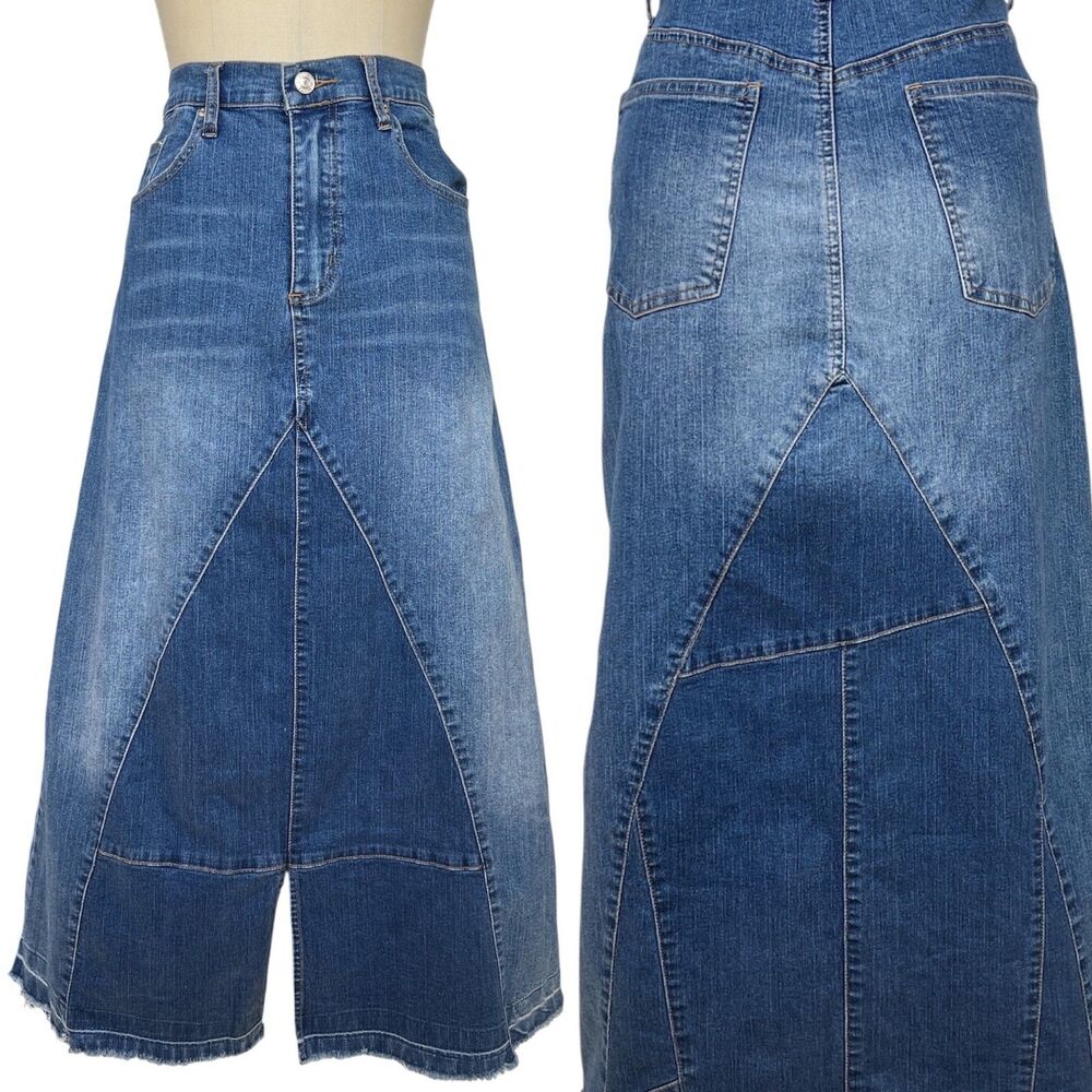 Y2K Baccini Euro Denim Midi Maxi Skirt Sz 8 M Patchwork Raw Hem Boho Western 70s